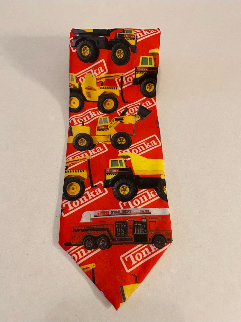 Tonka Red Tie with Yellow & Black Truck Print